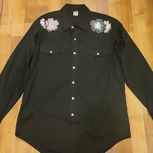 Vintage Malco Modes Studded Western Shirt Custom Hand Painted Flowers L/XL